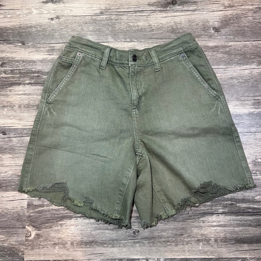 Aerie Olive Green Cutoff Denim Shorts XS Mid Rise Frayed Hem